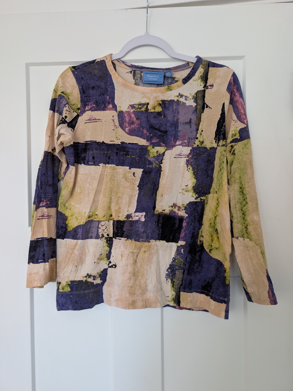 Vera Wang Abstract Print Long-Sleeve Top in Beige, Navy & Olive Size Medium